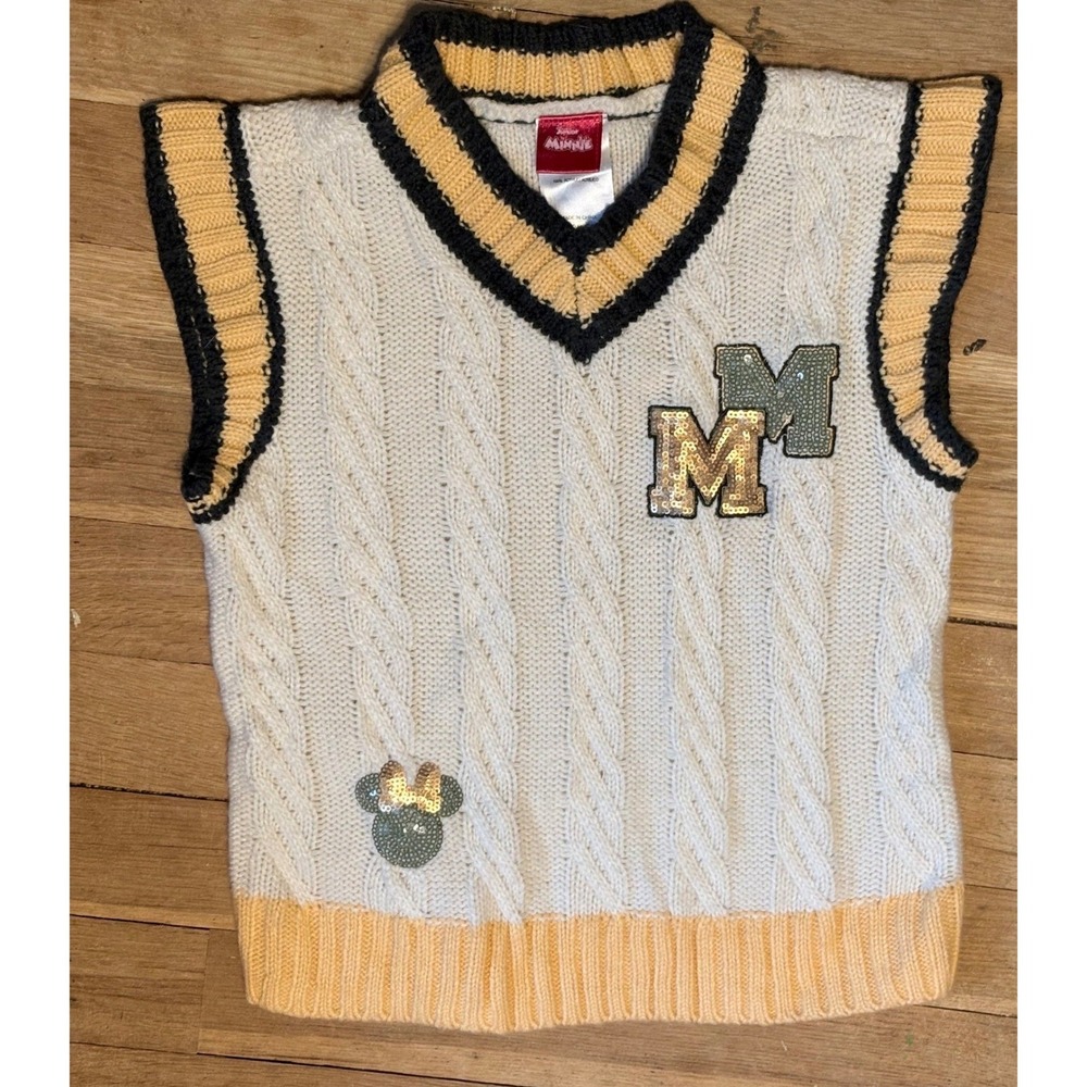 Disney‎ Minnie Mouse Sweater Vest Kids Small Cream Cable Knit Sequin Varsity - Picture 2 of 5